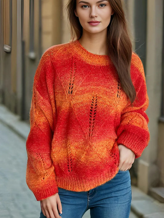 Hollow knit round neck pullover sweater for women