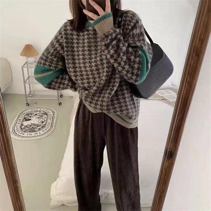 Winter new lazy style Japanese retro houndstooth sweater for women, autumn and winter loose design top for women