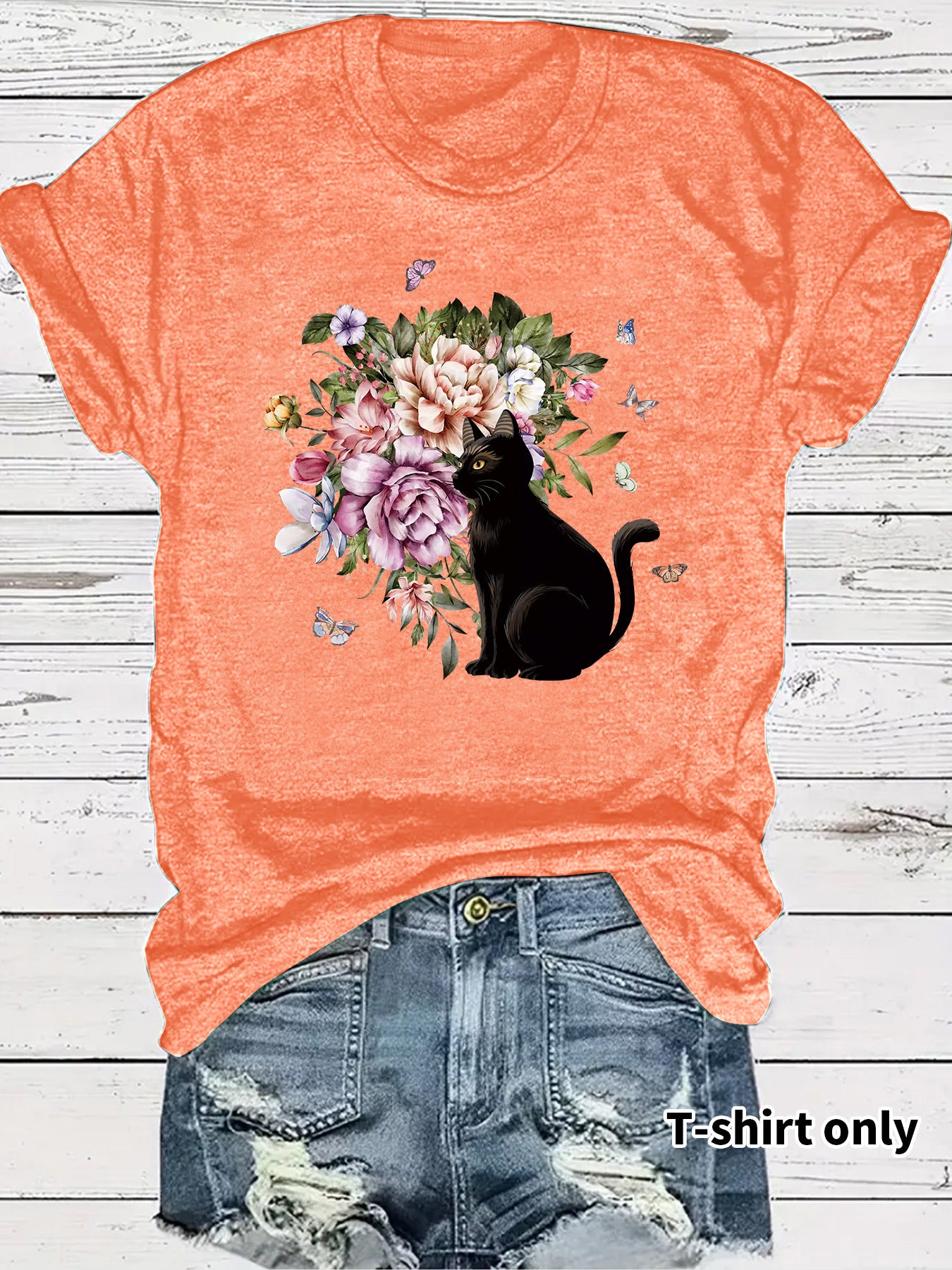 Round neck short sleeved t-shirt with lonely cat print
