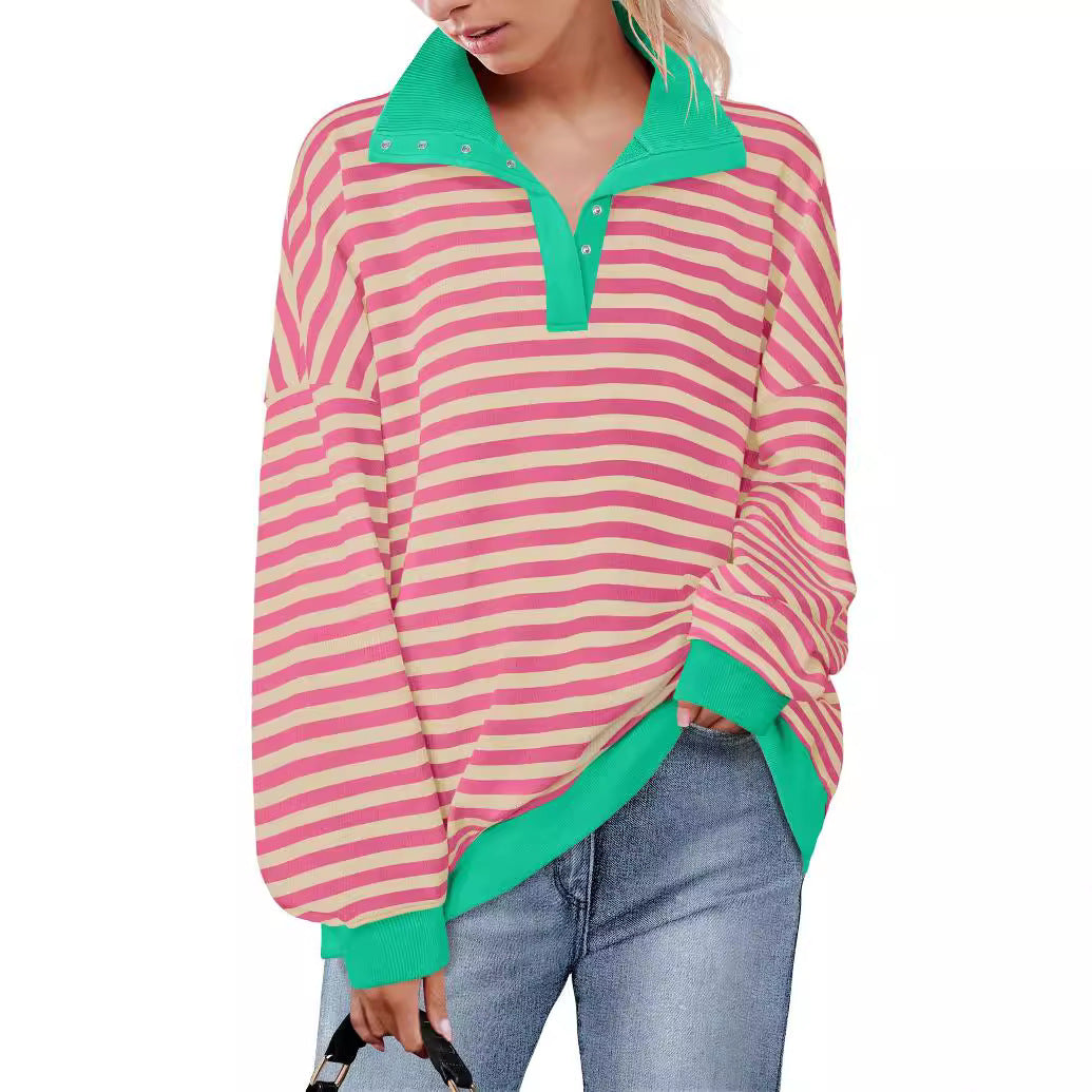 Loose casual lapel button striped sweatshirt for women