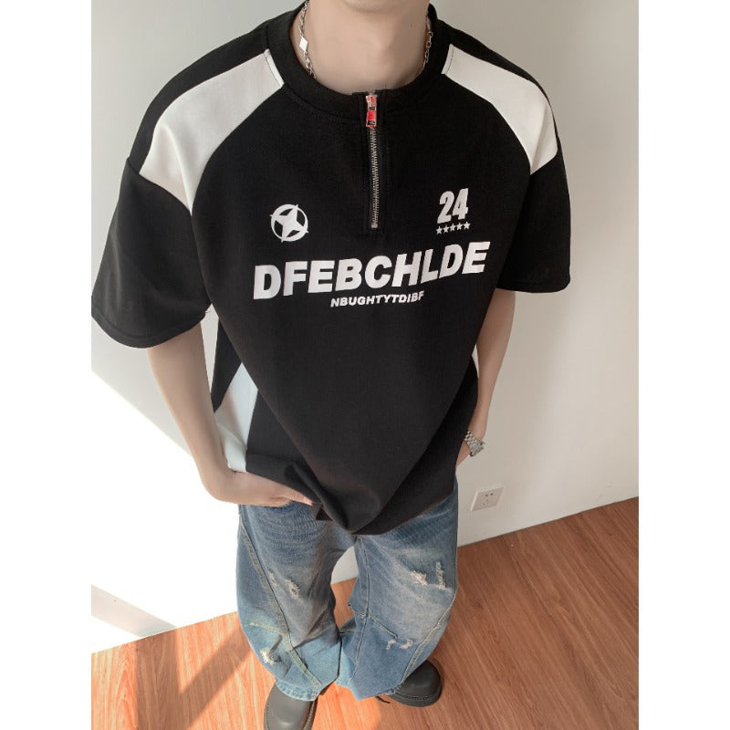 Printed half zipper round neck short sleeved T-shirt for men