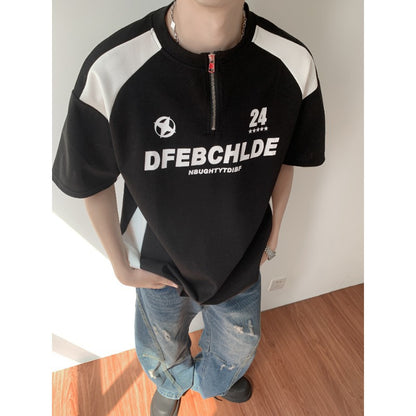 Printed half zipper round neck short sleeved T-shirt for men