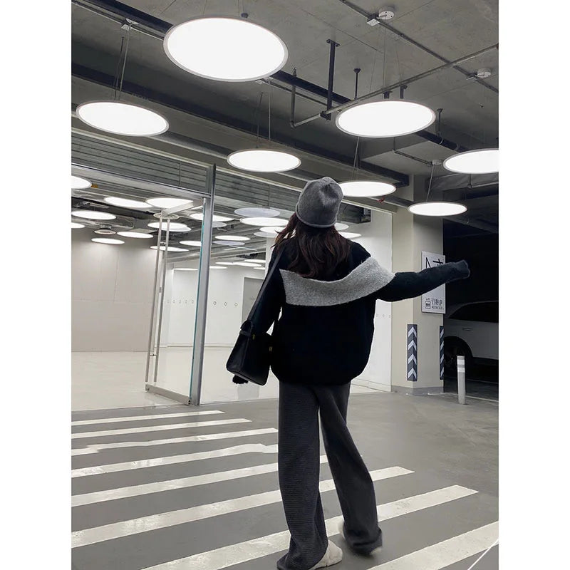 Women Sweater Patchwork Color Matching Pullover Sweater Tops Asymmetry Fashion Loose Knitting Tops Women