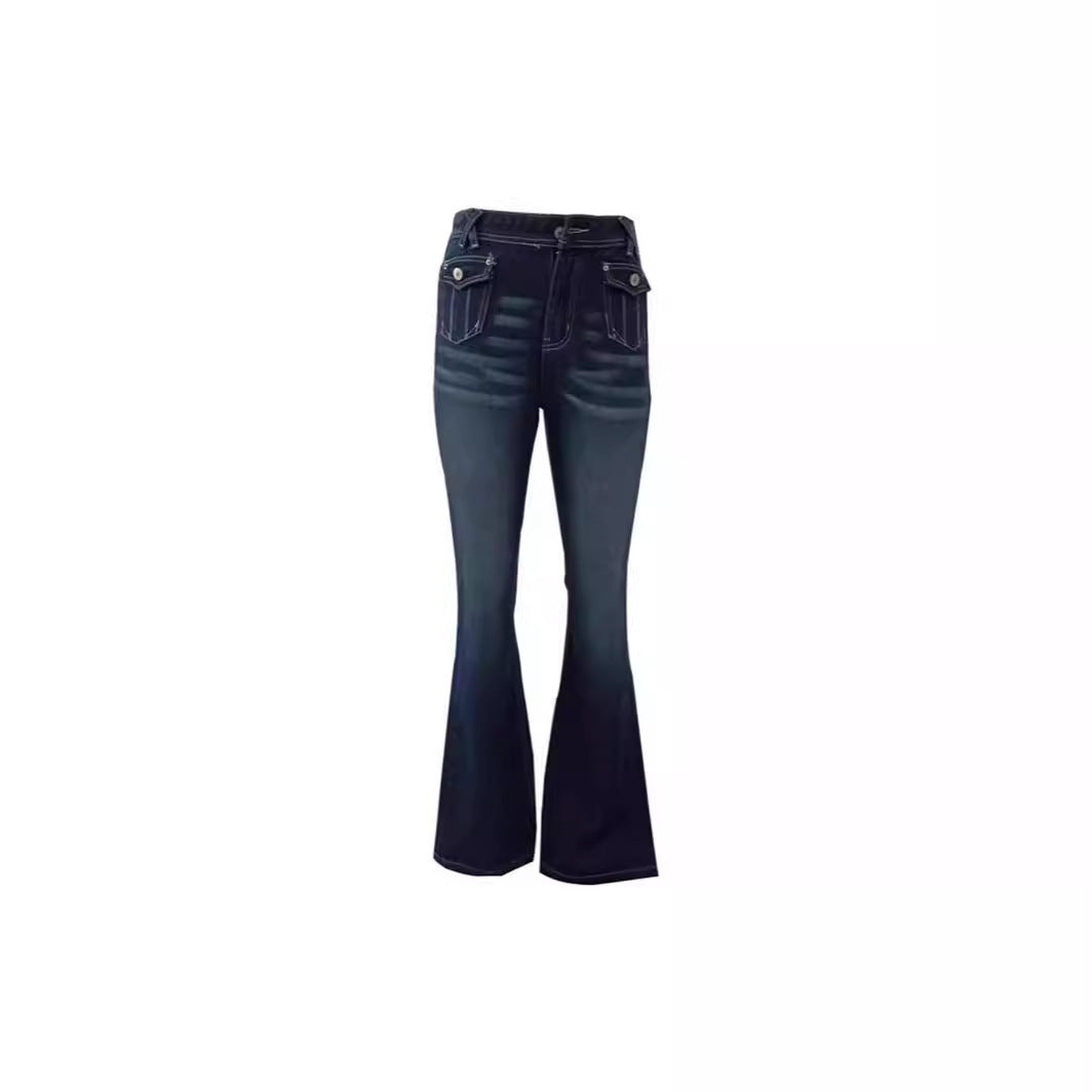 Multi pocket slim fit flared jeans for women