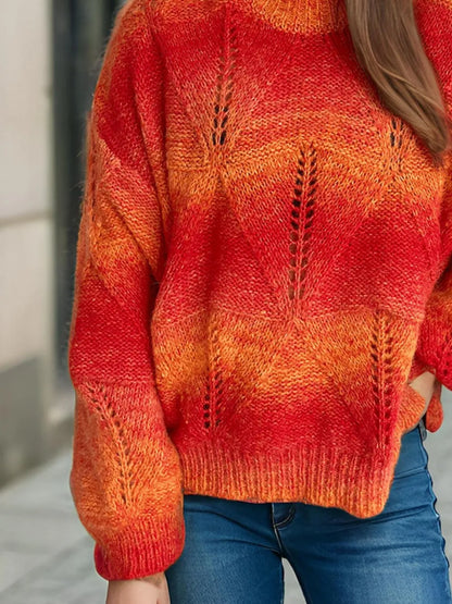 Hollow knit round neck pullover sweater for women