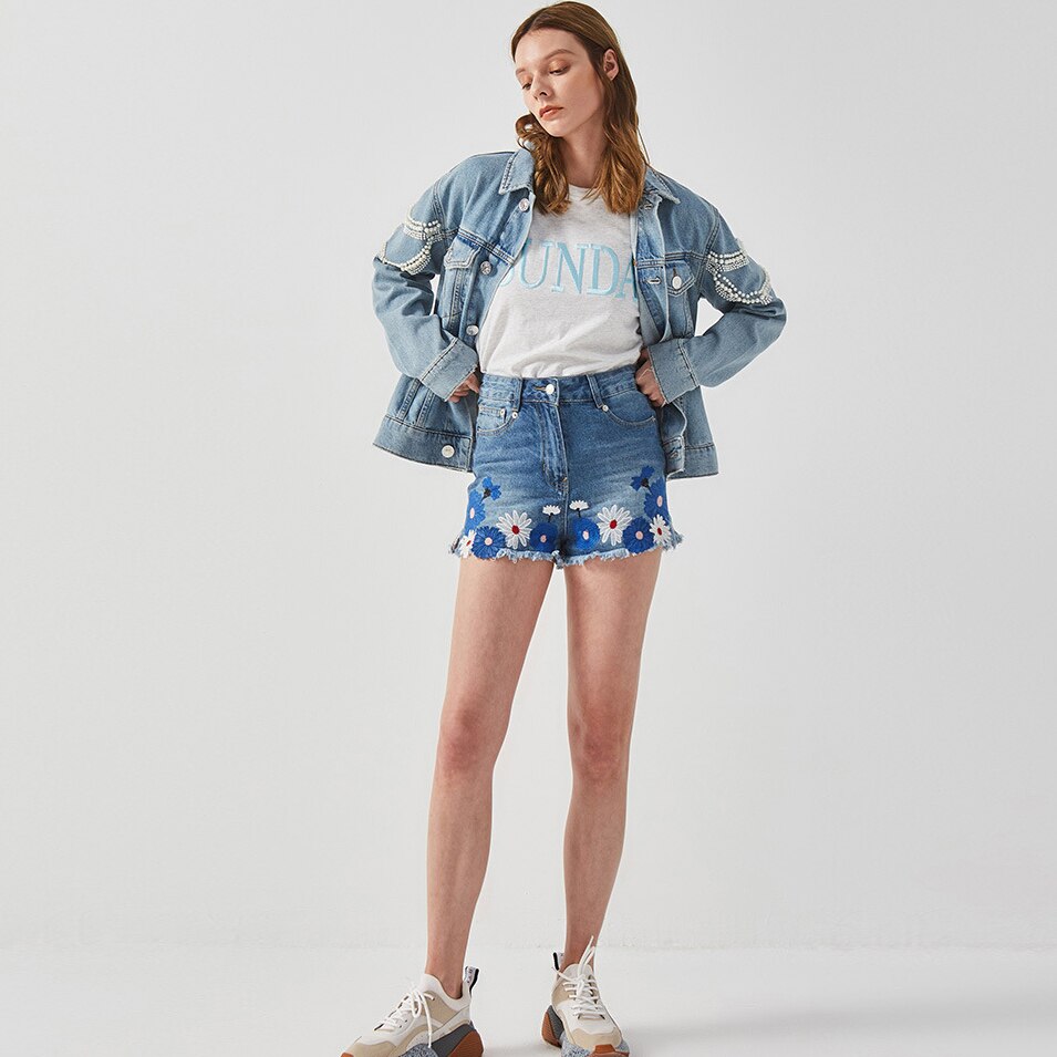 Embroidery Denim Jacket Beading Pattern Jean Jacket Long Sleeve Vintage Pocket Demin Punk Jackets Women Outerwear