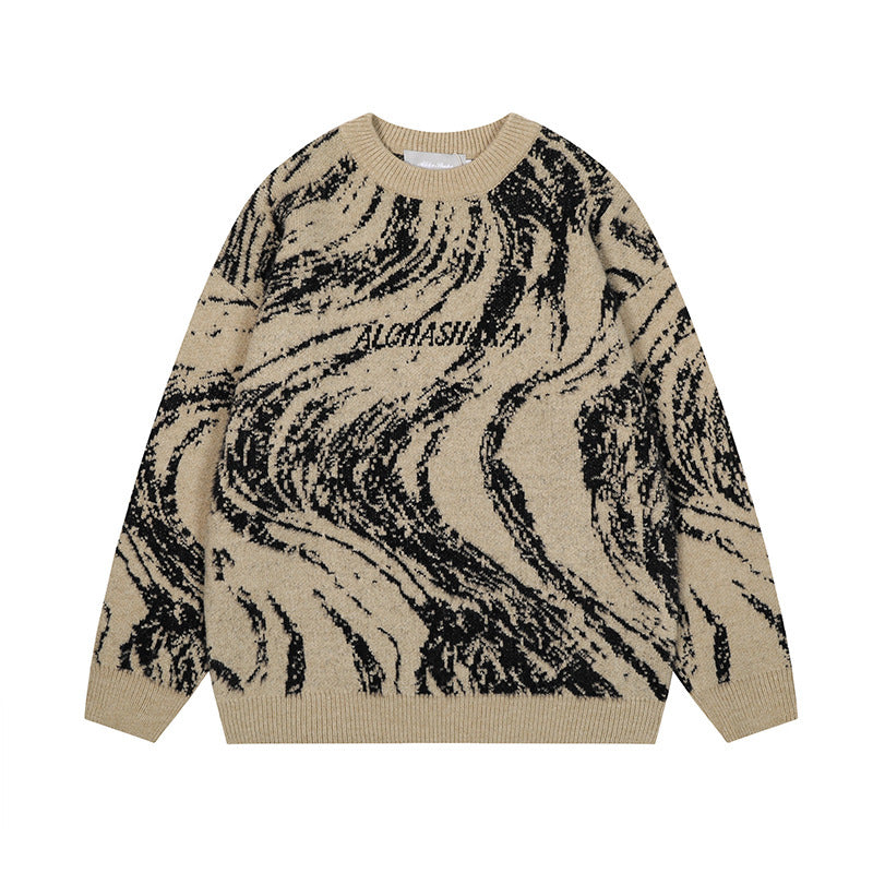 Letter embroidery loose round neck pullover knitted sweater for men