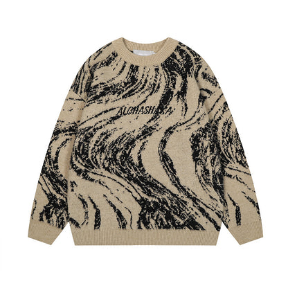 Letter embroidery loose round neck pullover knitted sweater for men