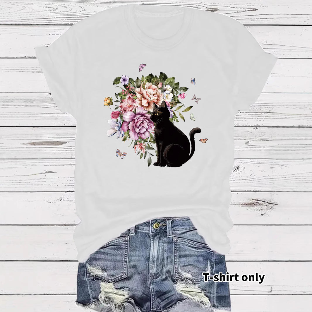 Round neck short sleeved t-shirt with lonely cat print