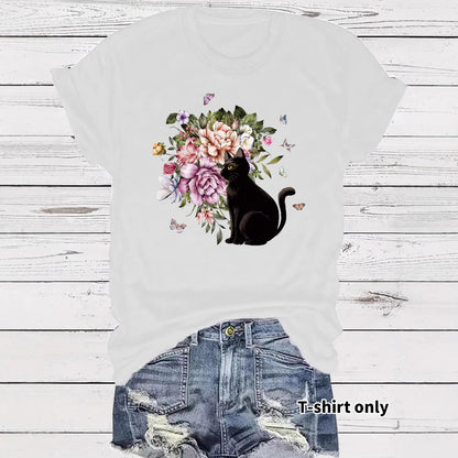 Round neck short sleeved t-shirt with lonely cat print