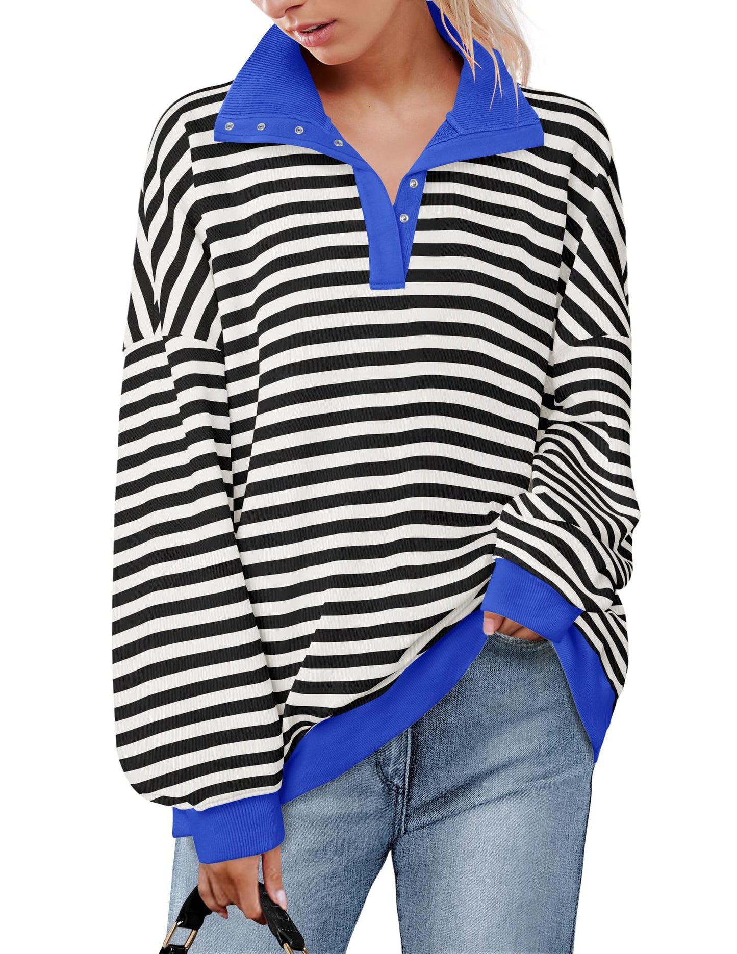 Loose casual lapel button striped sweatshirt for women