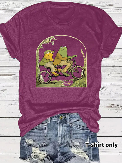 Frog riding bicycle printed short sleeved shirt