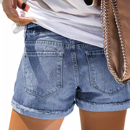 Printed ripped and flanged denim shorts for women