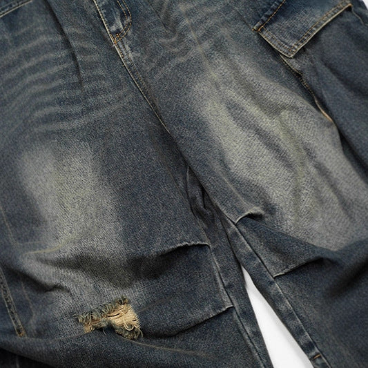 Washed multi pocket workwear denim shorts for men