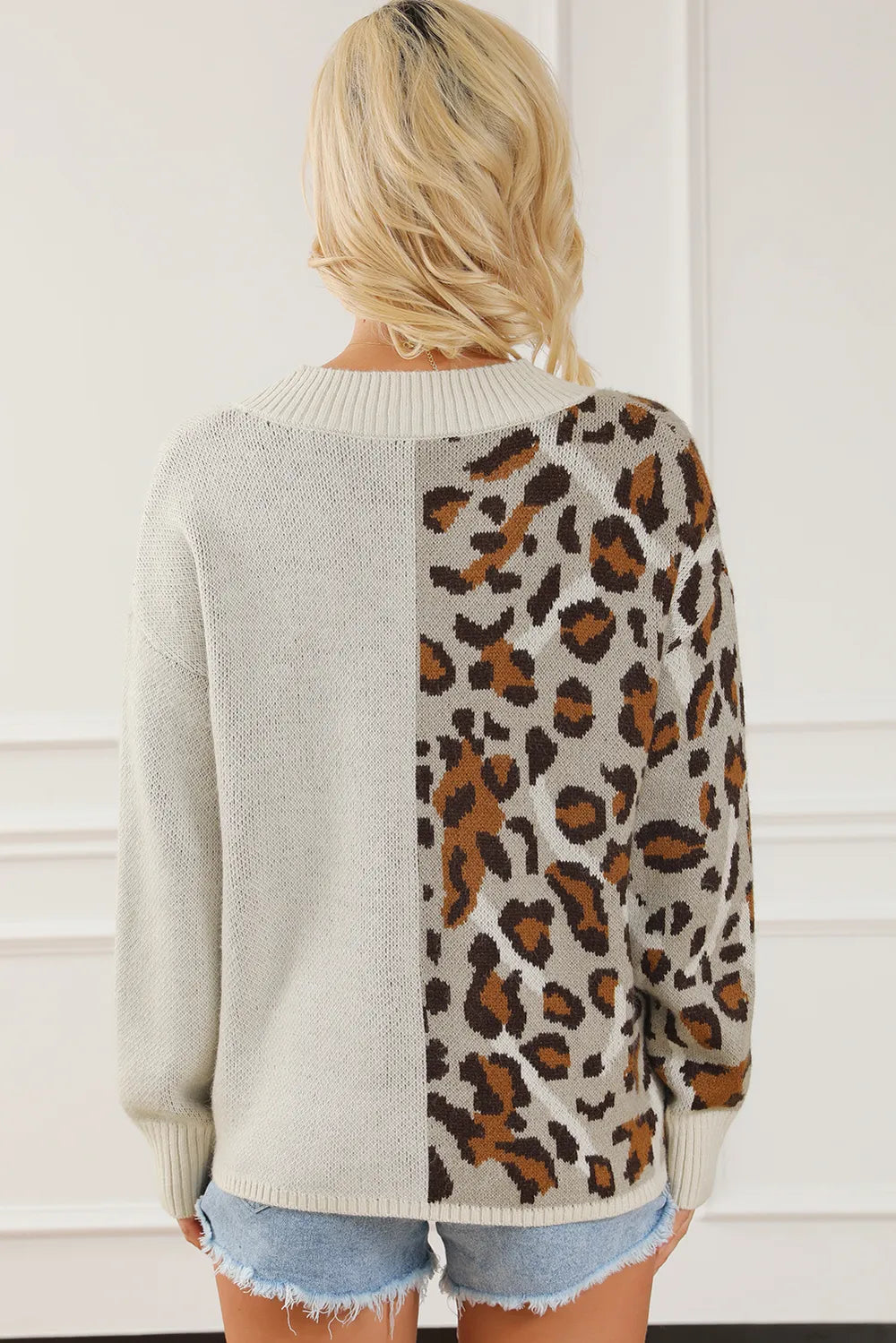 V-neck long sleeved top for women European and American fashion versatile leopard print knitted sweater for women