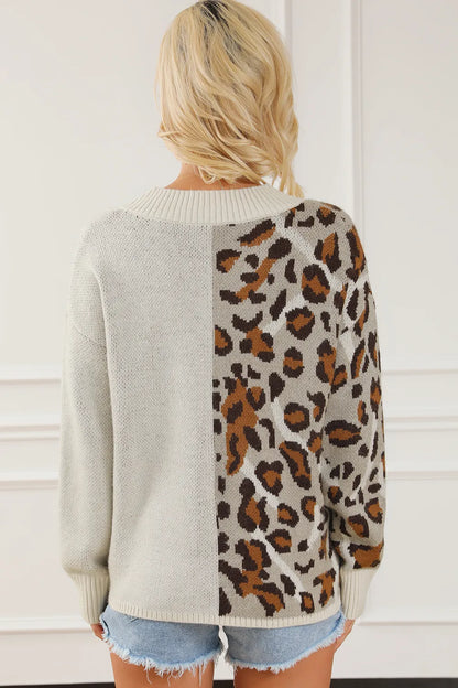 V-neck long sleeved top for women European and American fashion versatile leopard print knitted sweater for women