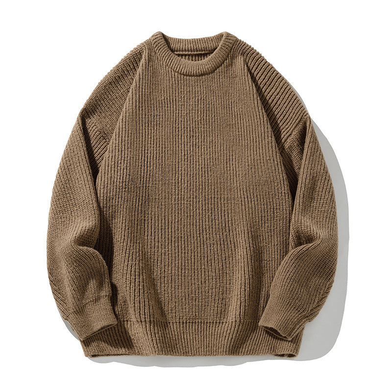 Solid color round neck sweater for men