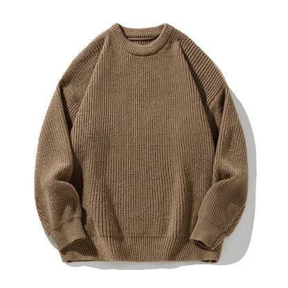 Solid color round neck sweater for men