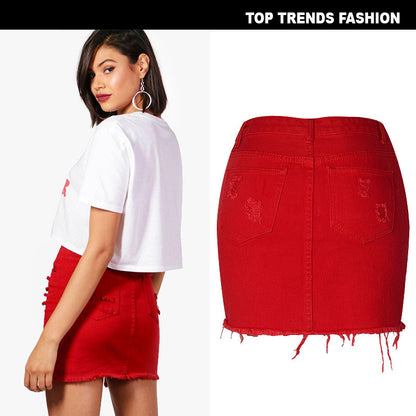 Women's High Waist Pack Hip Denim Skirt Big Red Irregular Hole New Product