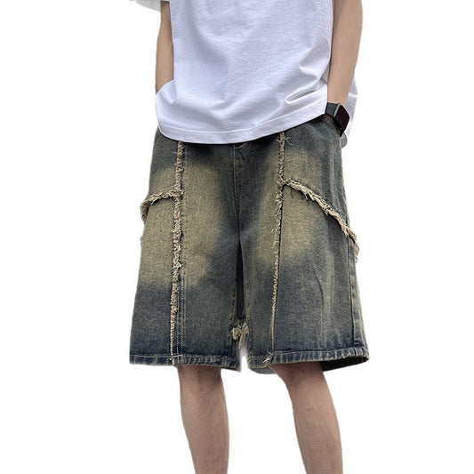 Retro fringed denim shorts for men