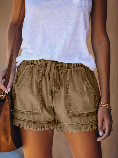 Elastic waist fringe denim shorts for women