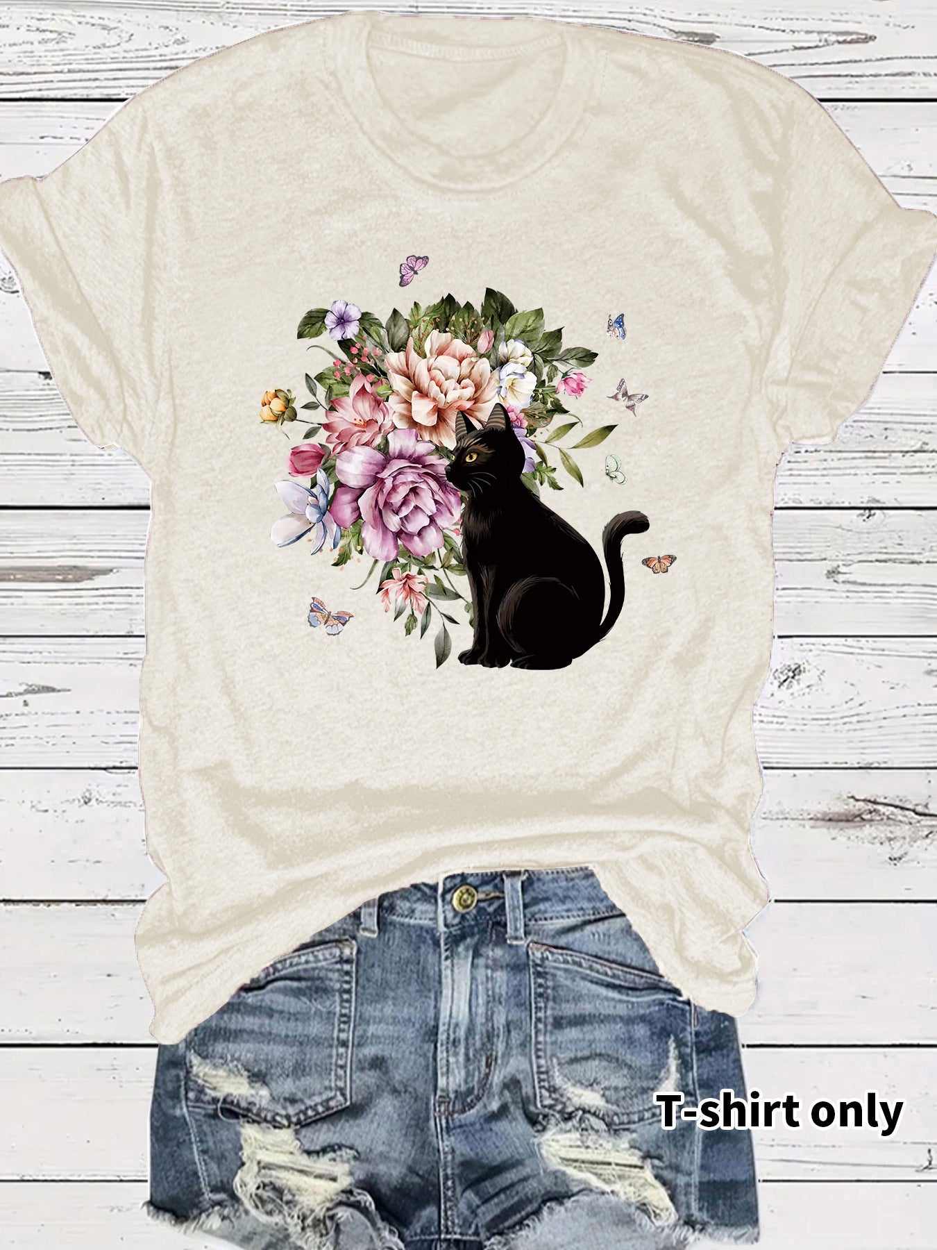 Round neck short sleeved t-shirt with lonely cat print