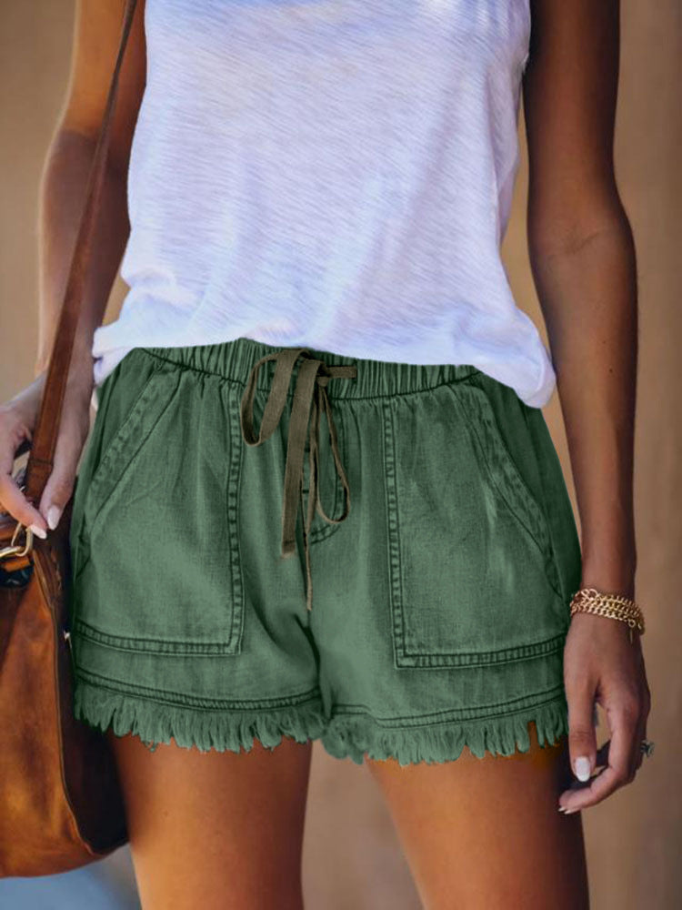 Elastic waist fringe denim shorts for women