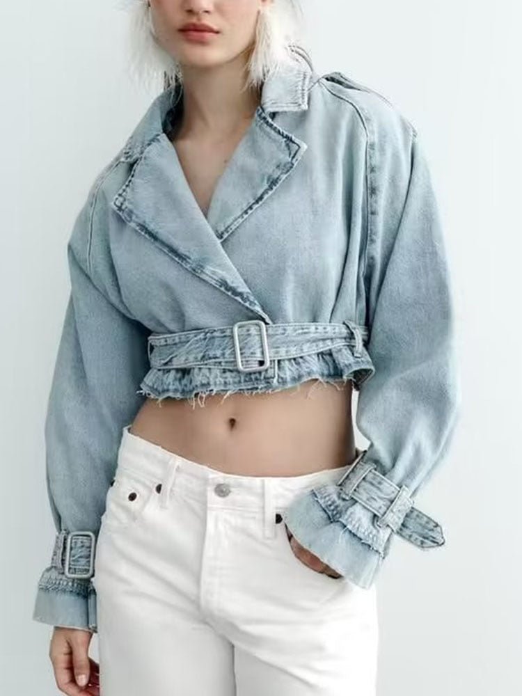 Women's Spring Denim Jackets Long Sleeve Crop Top Jacket With Belt Cropped Jean Jacket For Women