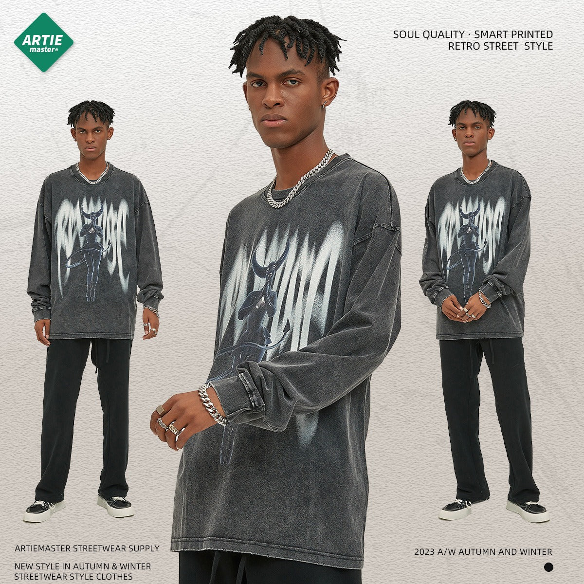 Autumn and Winter New Product Abstract and Virtual Digital Printing American Retro Men's Long sleeved T-shirt