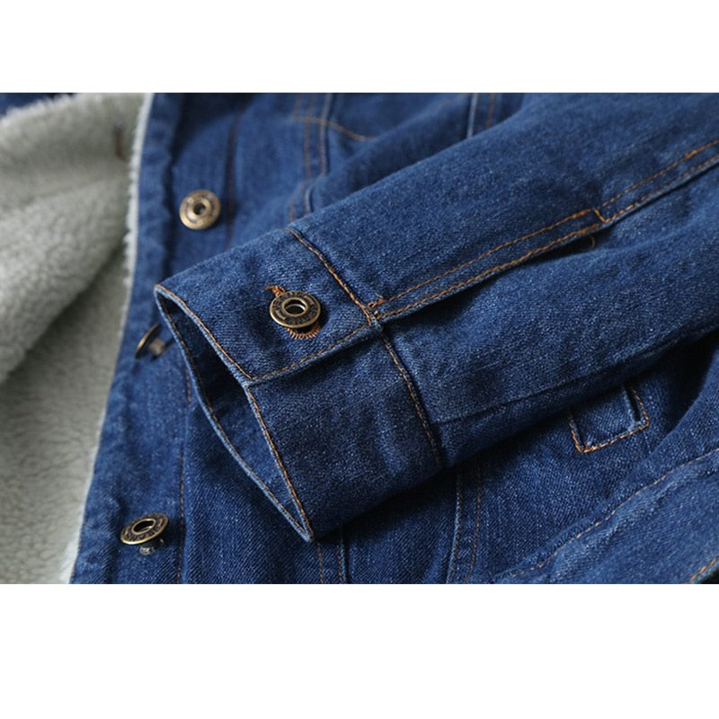 Spring Autumn Winter Women lambswool jean Coat With 4 Pockets Long Sleeves Warm Jeans Coat Outwear Wide Denim Jacket