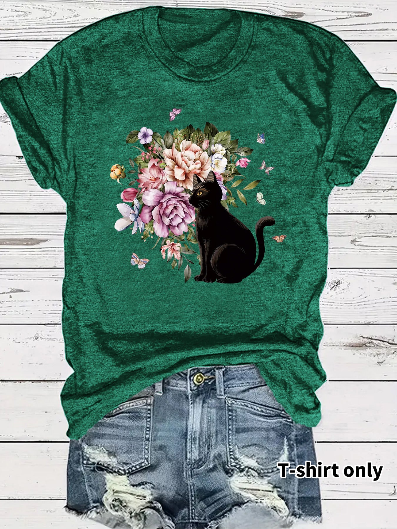 Round neck short sleeved t-shirt with lonely cat print