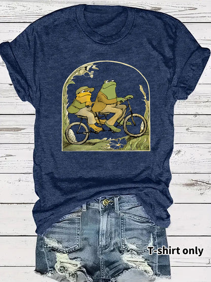 Frog riding bicycle printed short sleeved shirt