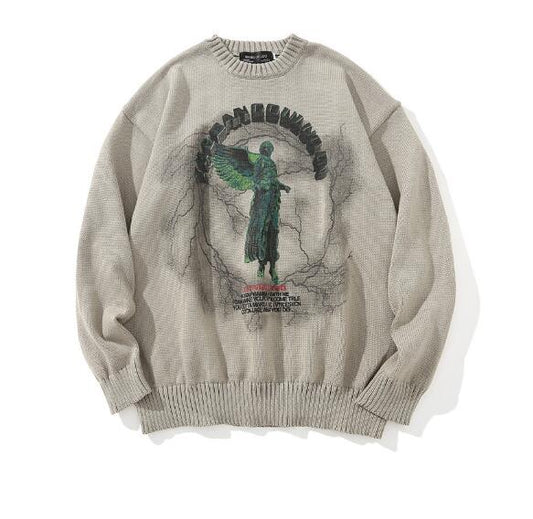 Diablo statue print sweater for men and women round neck pullover sweater angel lightning print streetwear