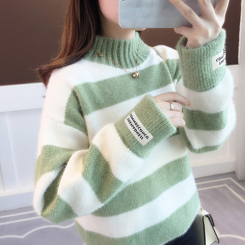 Sweater Women Turtleneck Pullover Jumper Stripe Thick Sweater Imitated Mink Wool Sweater Sweter Women Clothes