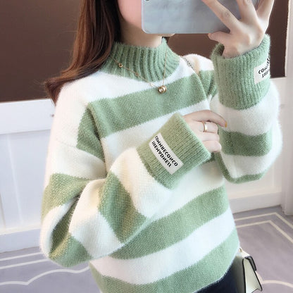 Sweater Women Turtleneck Pullover Jumper Stripe Thick Sweater Imitated Mink Wool Sweater Sweter Women Clothes