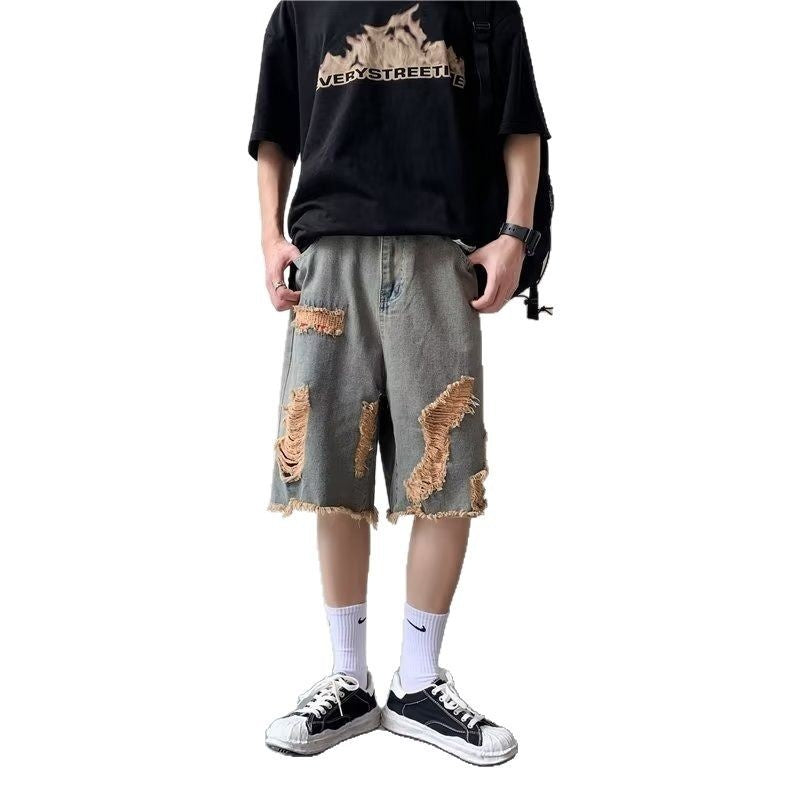Summer washed distressed denim shorts for men