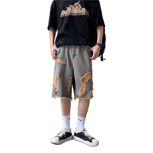 Summer washed distressed denim shorts for men