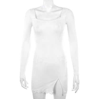 Autumn Spring Women Sexy Lace Patchwork Long Sleeve Split Dress Hip Package Mini Vestido Party Club Low Chest Outfits Cloth