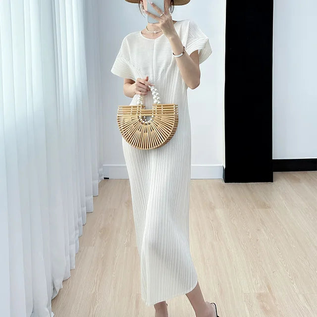 Pleated O Neck Dress Women  New Spring Summer Straight  Long Short Style Loose Solid Color Casual Cloth