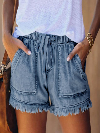 Elastic waist fringe denim shorts for women