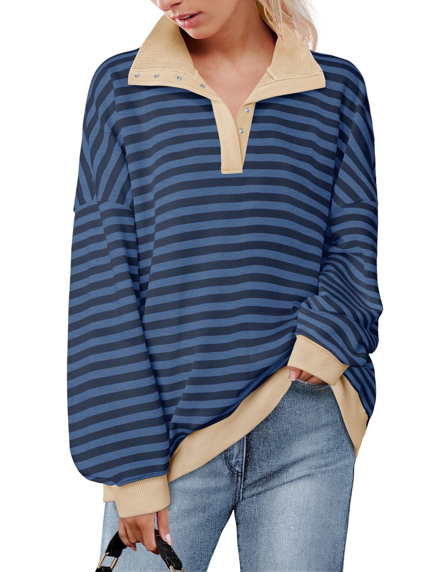 Loose casual lapel button striped sweatshirt for women