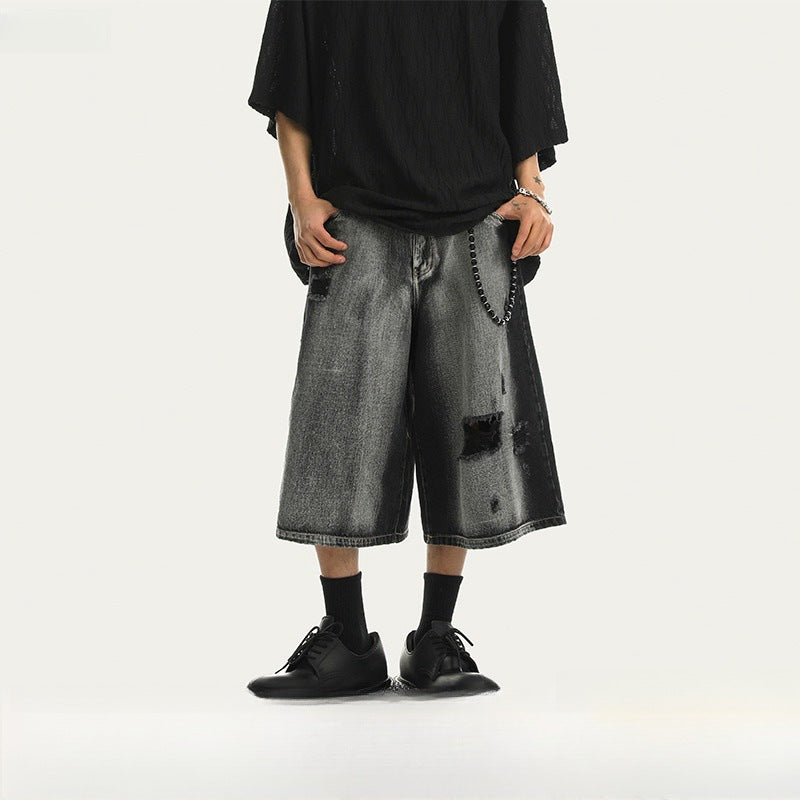 Retro ripped denim shorts for men