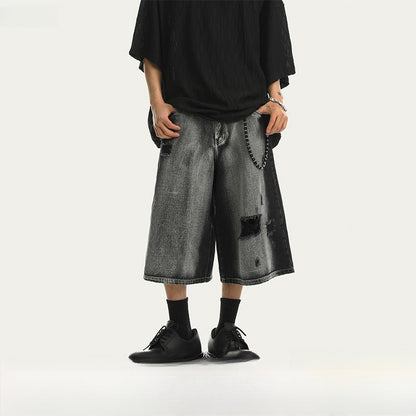 Retro ripped denim shorts for men