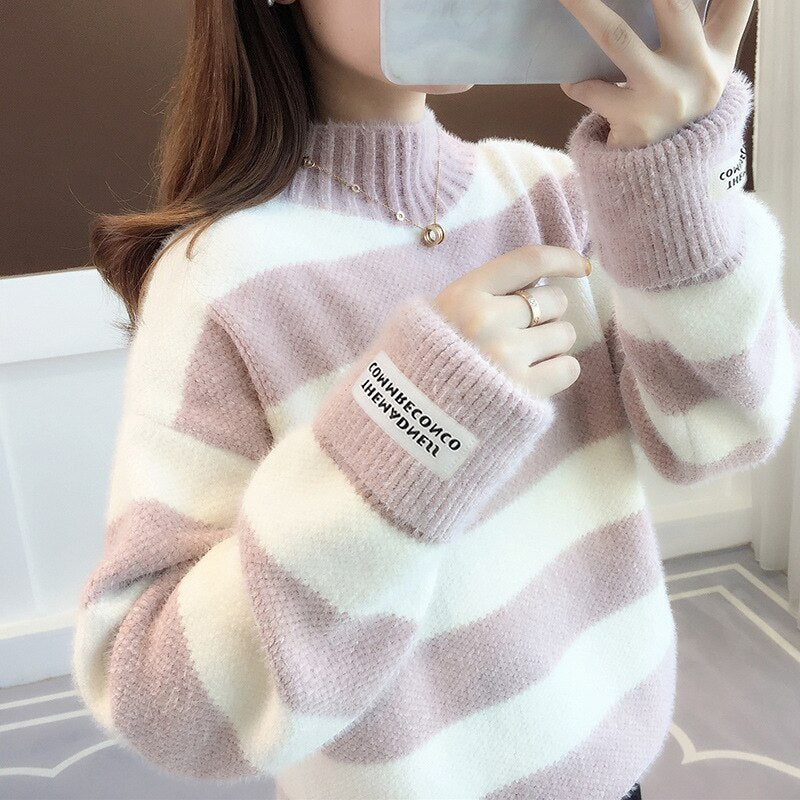 Sweater Women Turtleneck Pullover Jumper Stripe Thick Sweater Imitated Mink Wool Sweater Sweter Women Clothes