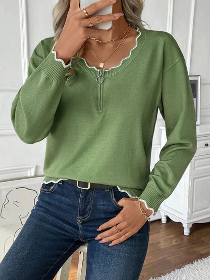 Solid color border open zipper sweater for women