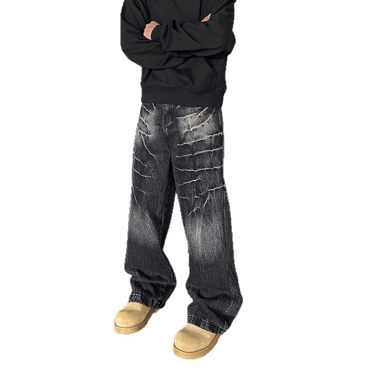 Vintage washed vintage lightning patterned jeans for men