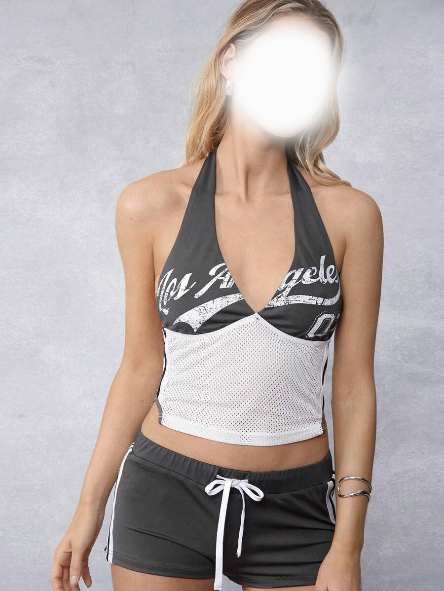 Street Trend Design Halter Neck Letter Print Short Length Versatile Fitted Slimming Tank Top