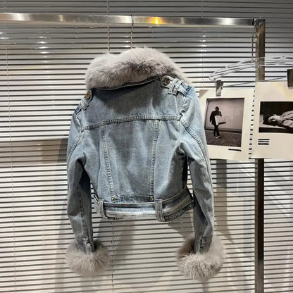 Women Denim Coat  Winer New Fox Fur Collar Rabbit Inner Metal Buckle Zipper Belt High Waist Warm Short Jean Jacket