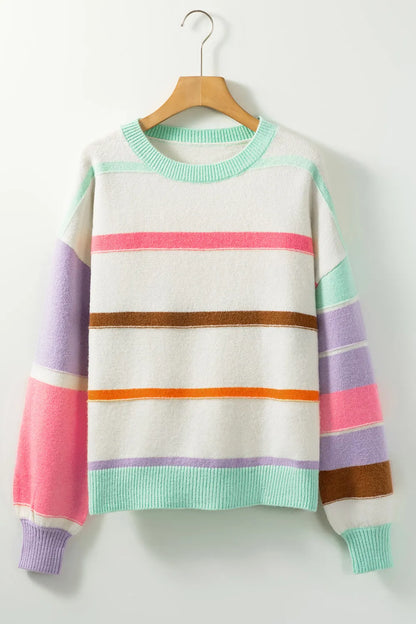 Personalized striped contrasting dopamine shoulder sweater for women