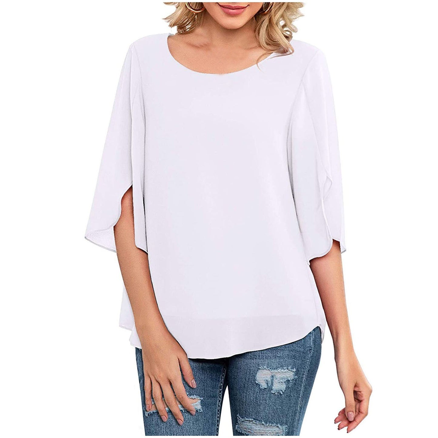 Summer Casual Chiffon Tunic Tops Women Soild Fashion Blouses Round Neck Loose 3/4 Sleeve Elegant Shirts For Women Bluzki Damskie